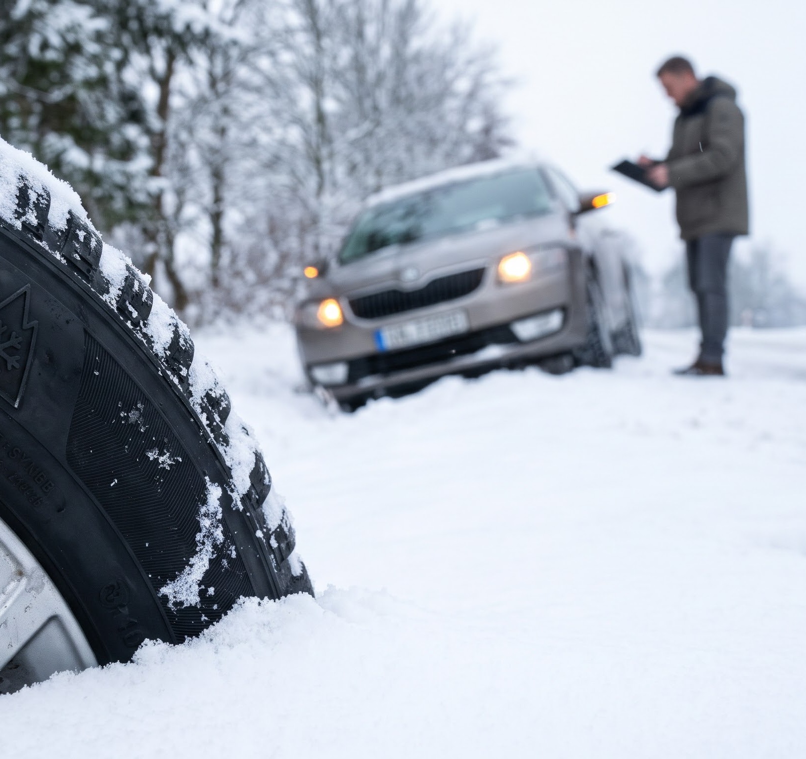 Ein verschneites Szenario mit einem im Schnee feststeckenden Auto im Hintergrund, einem Gutachter, der den Schaden begutachtet, und einem Reifen im Vordergrund.
